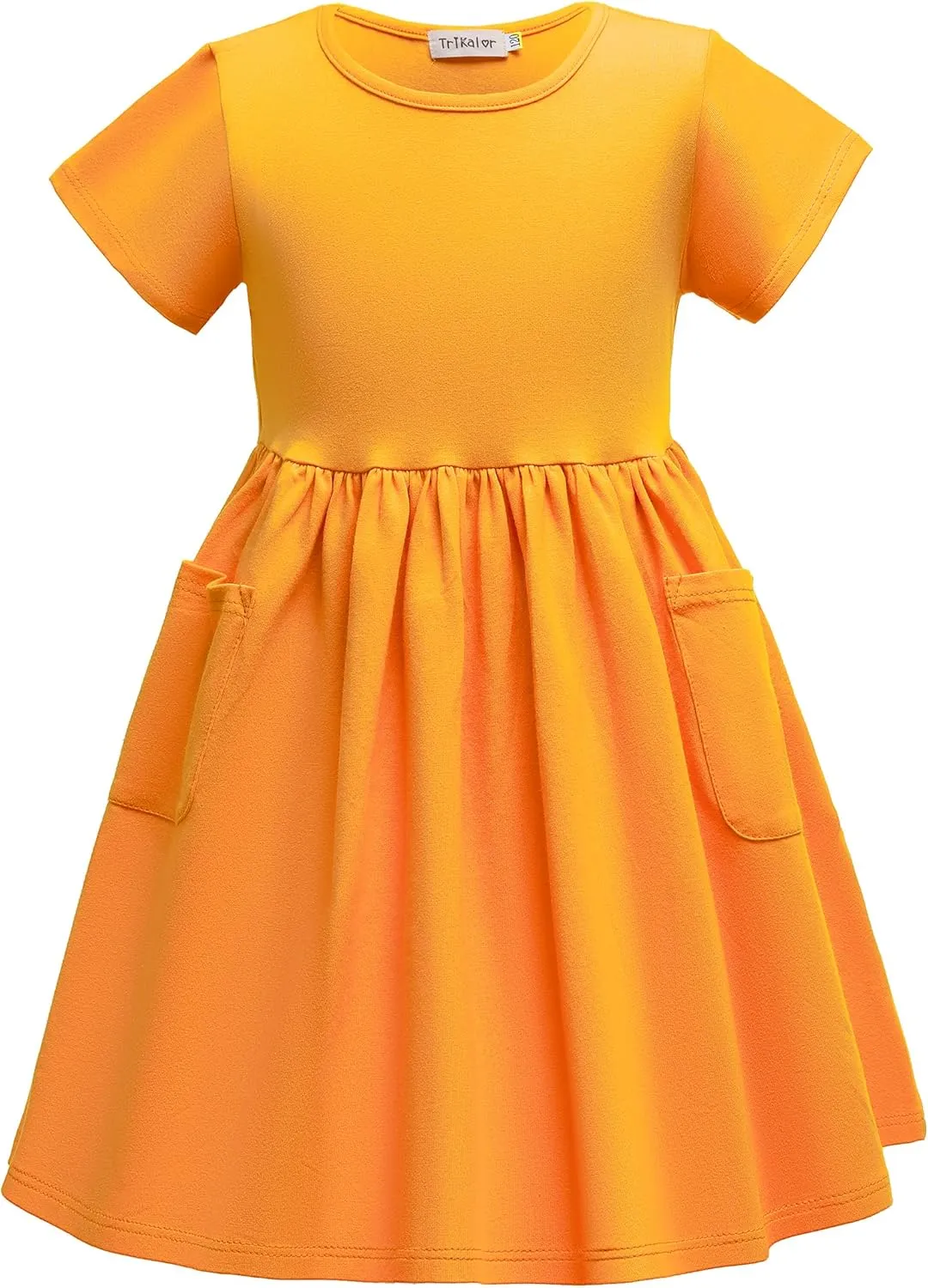 Girls Dresses Short Sleeve Solid Color Casual A-Line Pleated Dress with Pockets