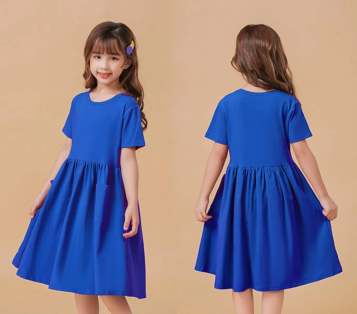 Girls Dresses Short Sleeve Solid Color Casual A-Line Pleated Dress with Pockets