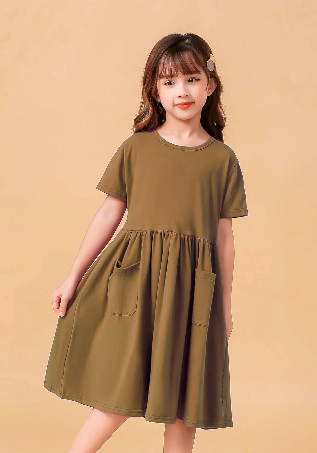 Girls Dresses Short Sleeve Solid Color Casual A-Line Pleated Dress with Pockets