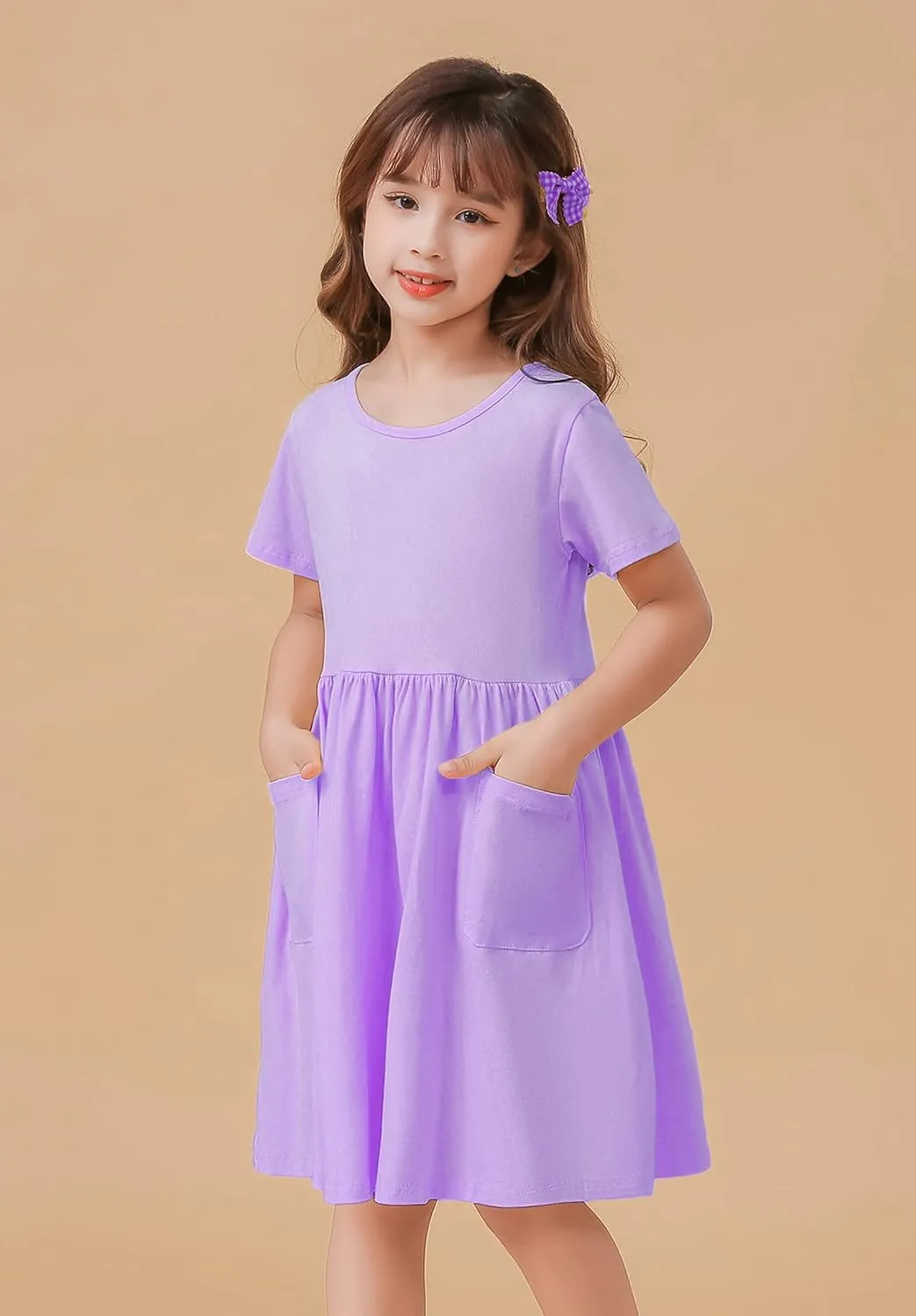 Girls Dresses Short Sleeve Solid Color Casual A-Line Pleated Dress with Pockets