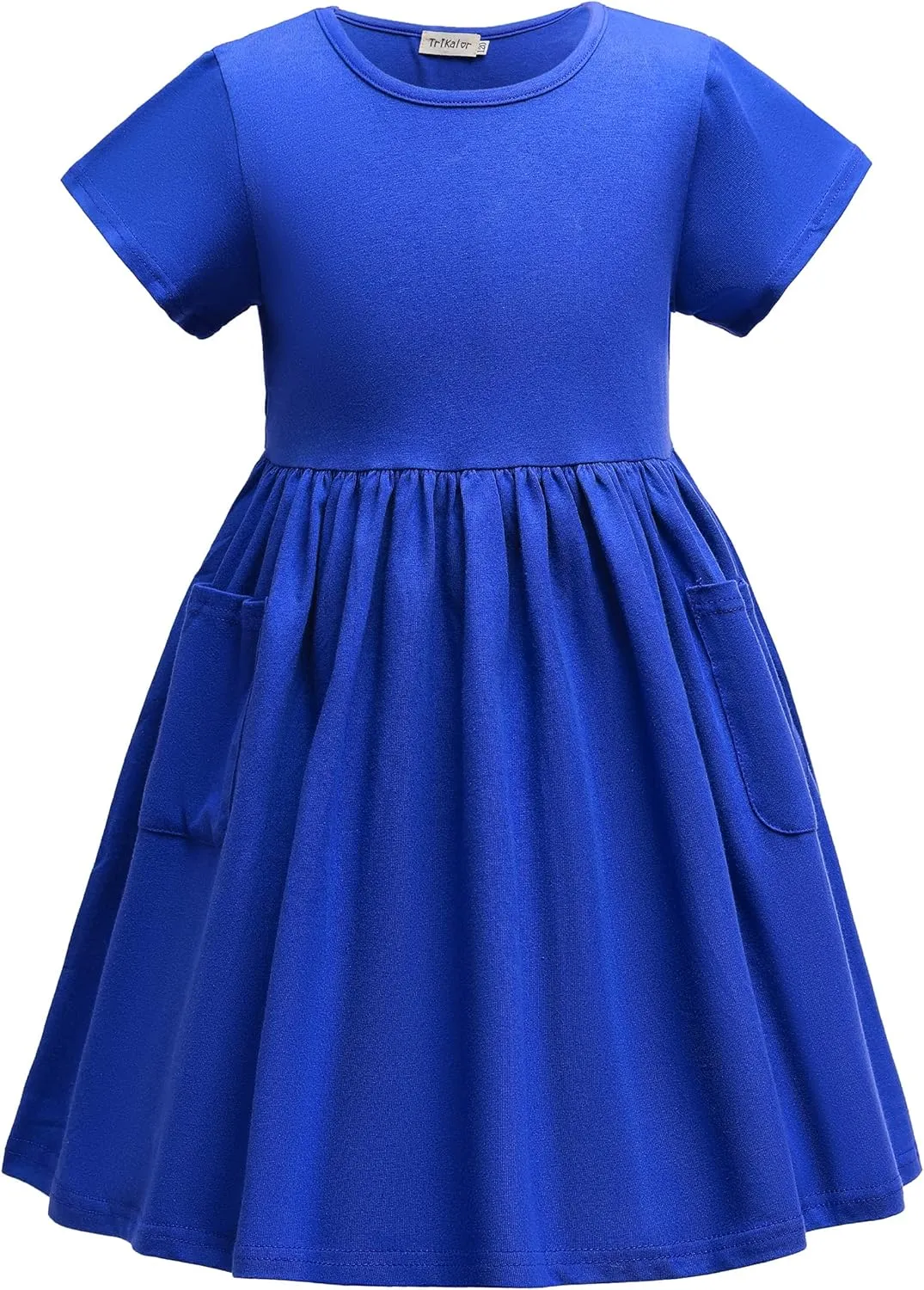 Girls Dresses Short Sleeve Solid Color Casual A-Line Pleated Dress with Pockets