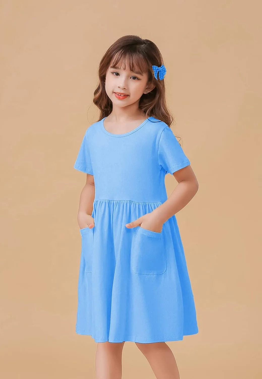 Girls Dresses Short Sleeve Solid Color Casual A-Line Pleated Dress with Pockets