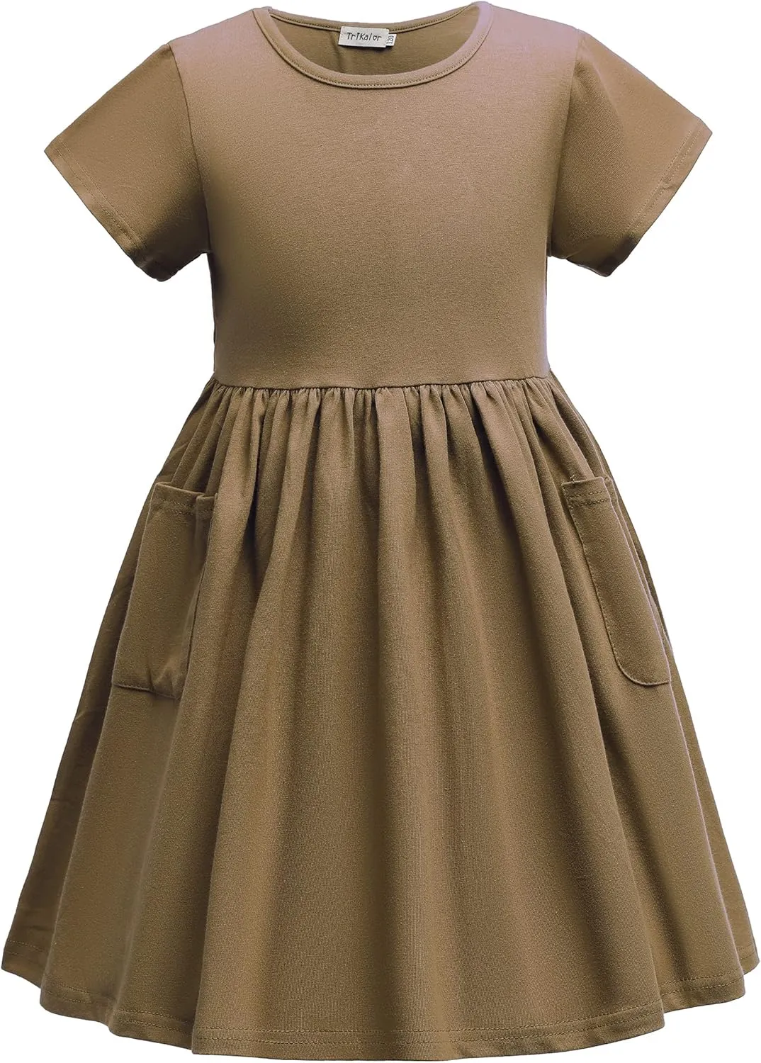 Girls Dresses Short Sleeve Solid Color Casual A-Line Pleated Dress with Pockets