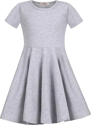 Girls Dresses Short Sleeve Solid Color Skater Casual Twirly Dress with Pockets