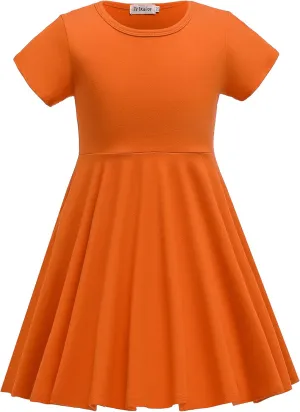Girls Dresses Short Sleeve Solid Color Skater Casual Twirly Dress with Pockets