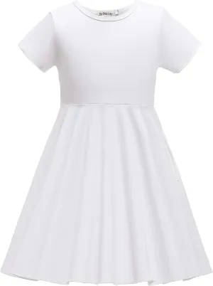 Girls Dresses Short Sleeve Solid Color Skater Casual Twirly Dress with Pockets