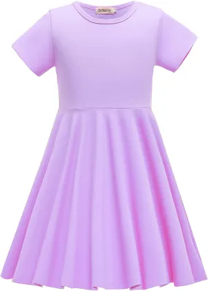 Girls Dresses Short Sleeve Solid Color Skater Casual Twirly Dress with Pockets