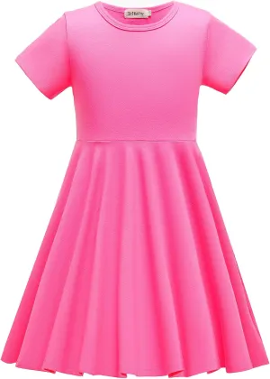 Girls Dresses Short Sleeve Solid Color Skater Casual Twirly Dress with Pockets