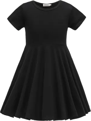 Girls Dresses Short Sleeve Solid Color Skater Casual Twirly Dress with Pockets