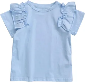 Girls' Ruffle Sleeve Shirts Cotton Cute Tops Crew Neck T Shirts Short Sleeves Kids Casual Blouse Summer Boy Baby Clothes