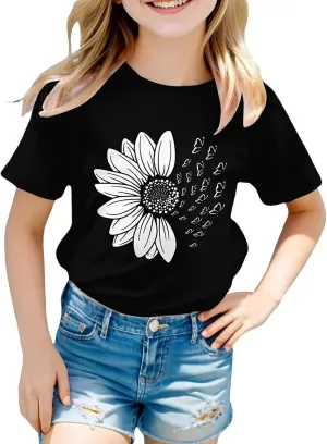 Girls Short Sleeve T Shirts Toddler Kids Summer Tops Crewneck Tees Youth Cute Flower Shirt Blouse Boys White T Shirt
