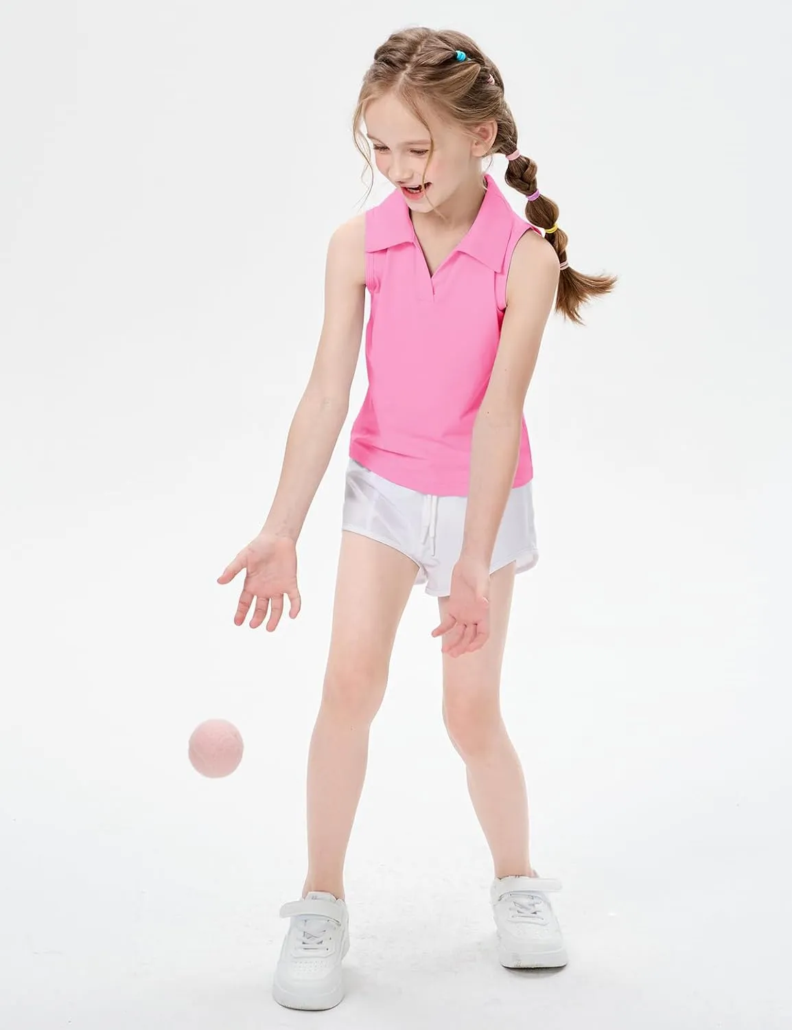 Girls Sleeveless Polo Shirts, Kids V Neck Golf Shirts Blouses, Quick Dry Athletic Girls Tennis Tank Tops, Size 5-14