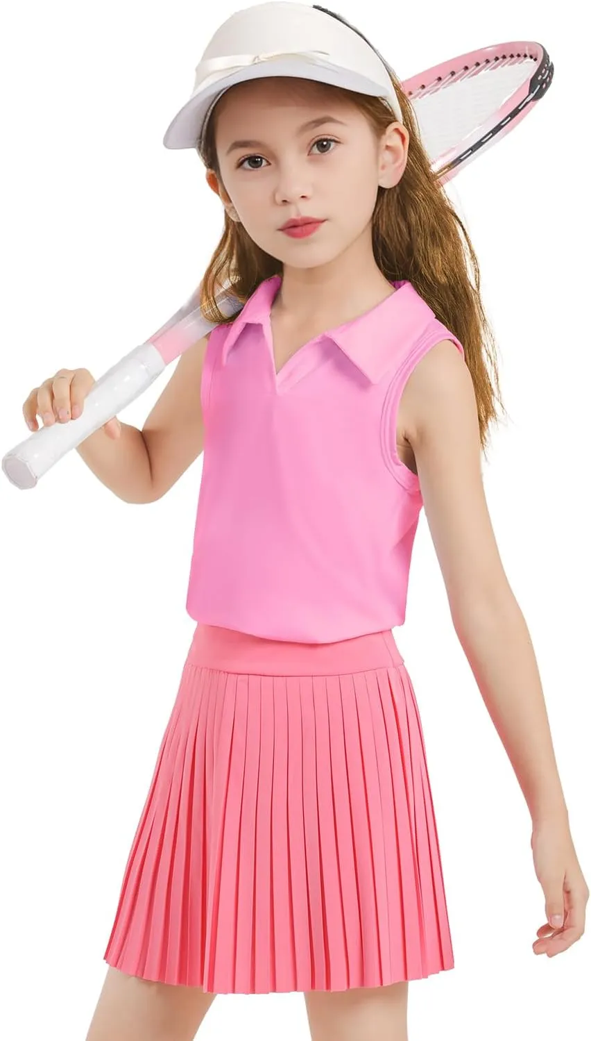 Girls Sleeveless Polo Shirts, Kids V Neck Golf Shirts Blouses, Quick Dry Athletic Girls Tennis Tank Tops, Size 5-14