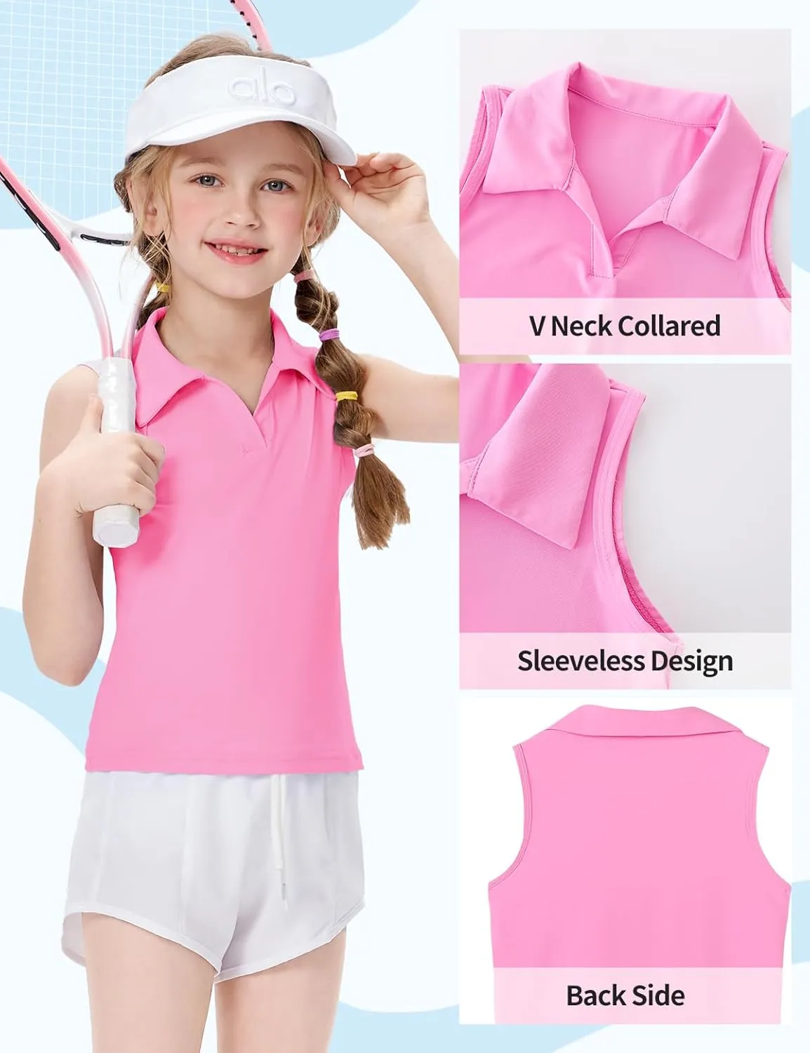 Girls Sleeveless Polo Shirts, Kids V Neck Golf Shirts Blouses, Quick Dry Athletic Girls Tennis Tank Tops, Size 5-14