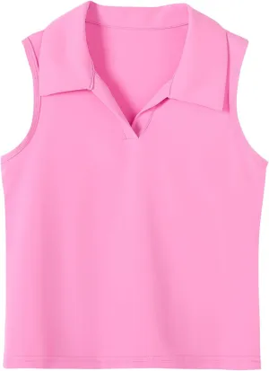 Girls Sleeveless Polo Shirts, Kids V Neck Golf Shirts Blouses, Quick Dry Athletic Girls Tennis Tank Tops, Size 5-14