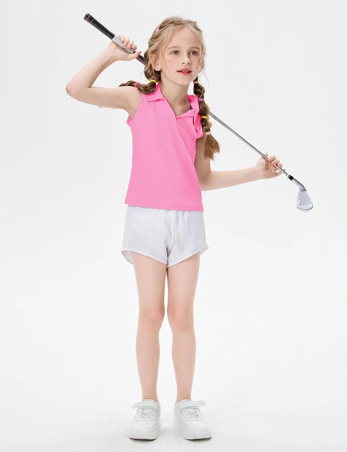 Girls Sleeveless Polo Shirts, Kids V Neck Golf Shirts Blouses, Quick Dry Athletic Girls Tennis Tank Tops, Size 5-14