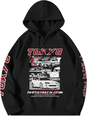 GORGLITTER Men's Vintage Car Graphic Hoodies Long Sleeve Drawstring Oversized Pullover Tops