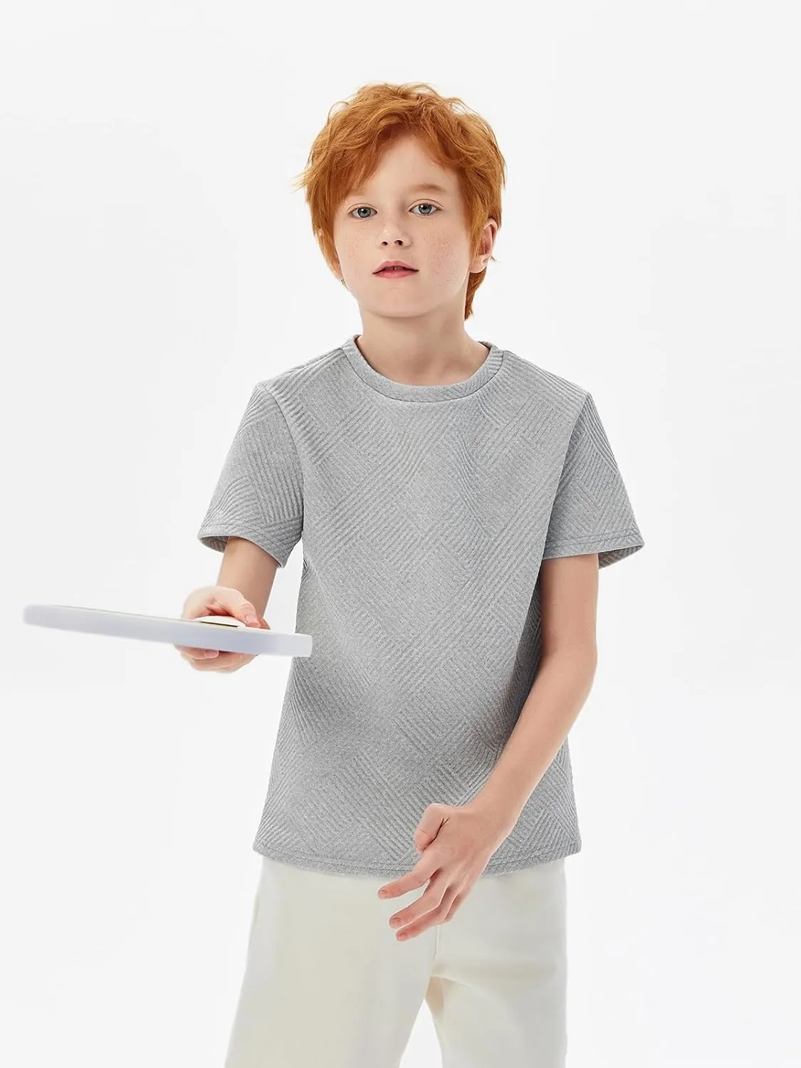 Haloumoning Boys Geometric Texture T-Shirts Kids Fashion Crewneck Short Sleeve Loose Tops Tees 5-14 Years