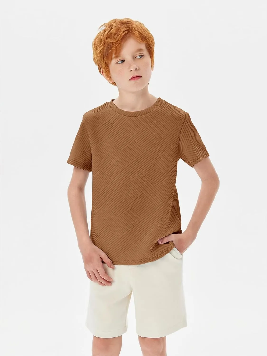 Haloumoning Boys Geometric Texture T-Shirts Kids Fashion Crewneck Short Sleeve Loose Tops Tees 5-14 Years