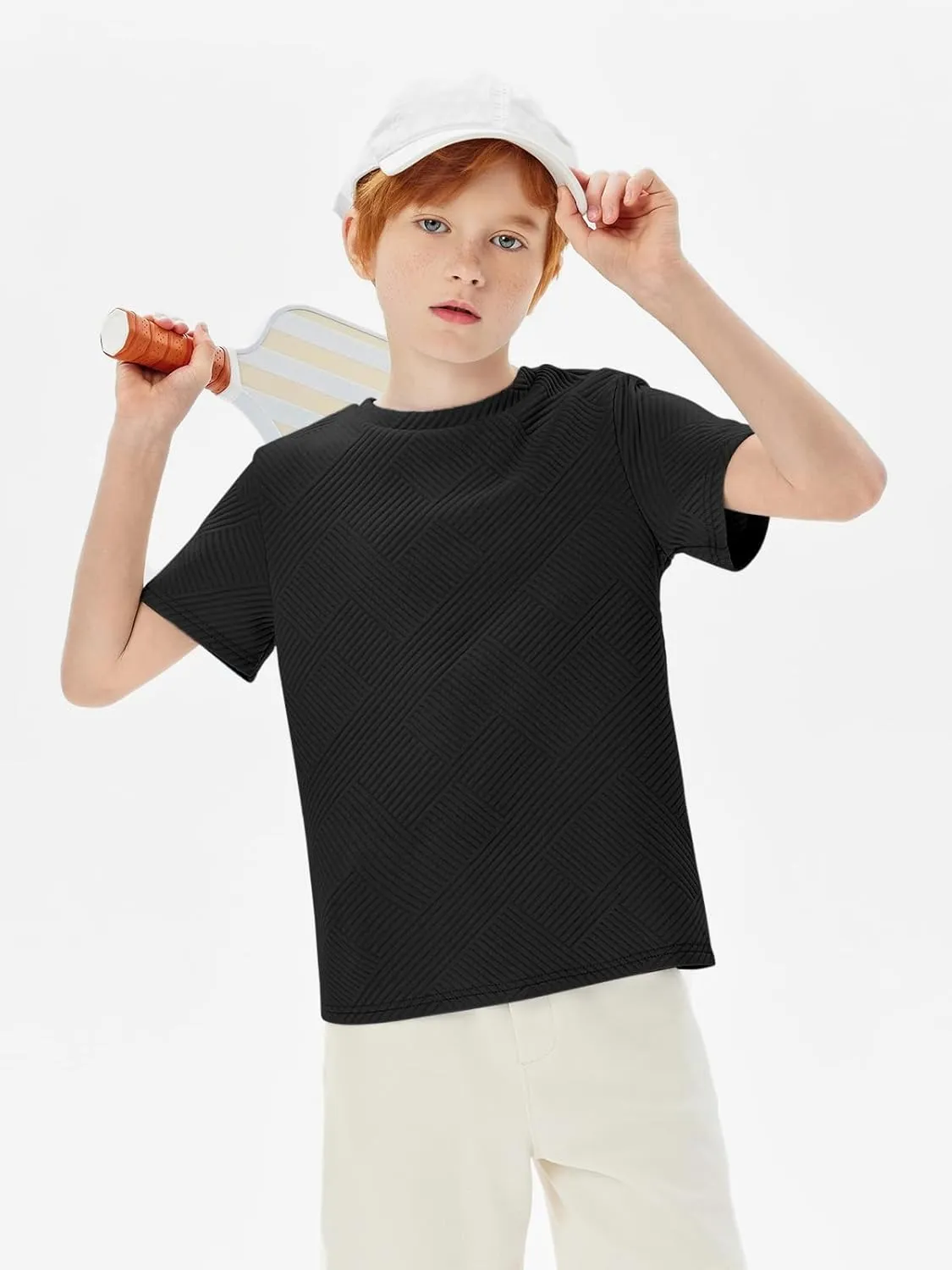 Haloumoning Boys Geometric Texture T-Shirts Kids Fashion Crewneck Short Sleeve Loose Tops Tees 5-14 Years