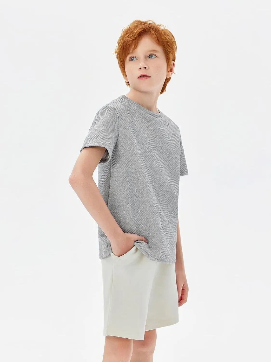 Haloumoning Boys Geometric Texture T-Shirts Kids Fashion Crewneck Short Sleeve Loose Tops Tees 5-14 Years