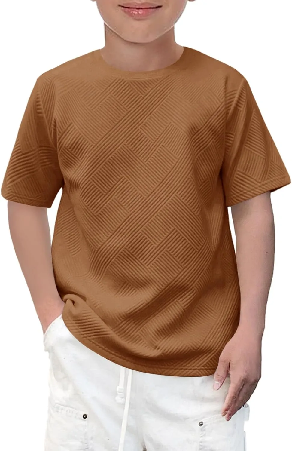 Haloumoning Boys Geometric Texture T-Shirts Kids Fashion Crewneck Short Sleeve Loose Tops Tees 5-14 Years