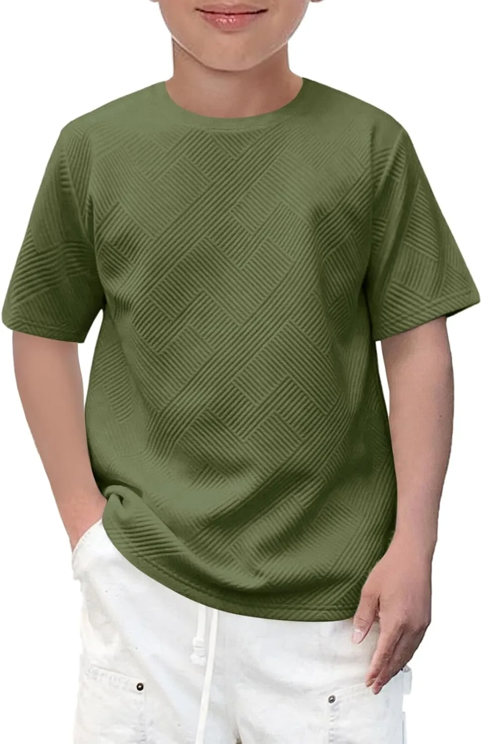 Haloumoning Boys Geometric Texture T-Shirts Kids Fashion Crewneck Short Sleeve Loose Tops Tees 5-14 Years