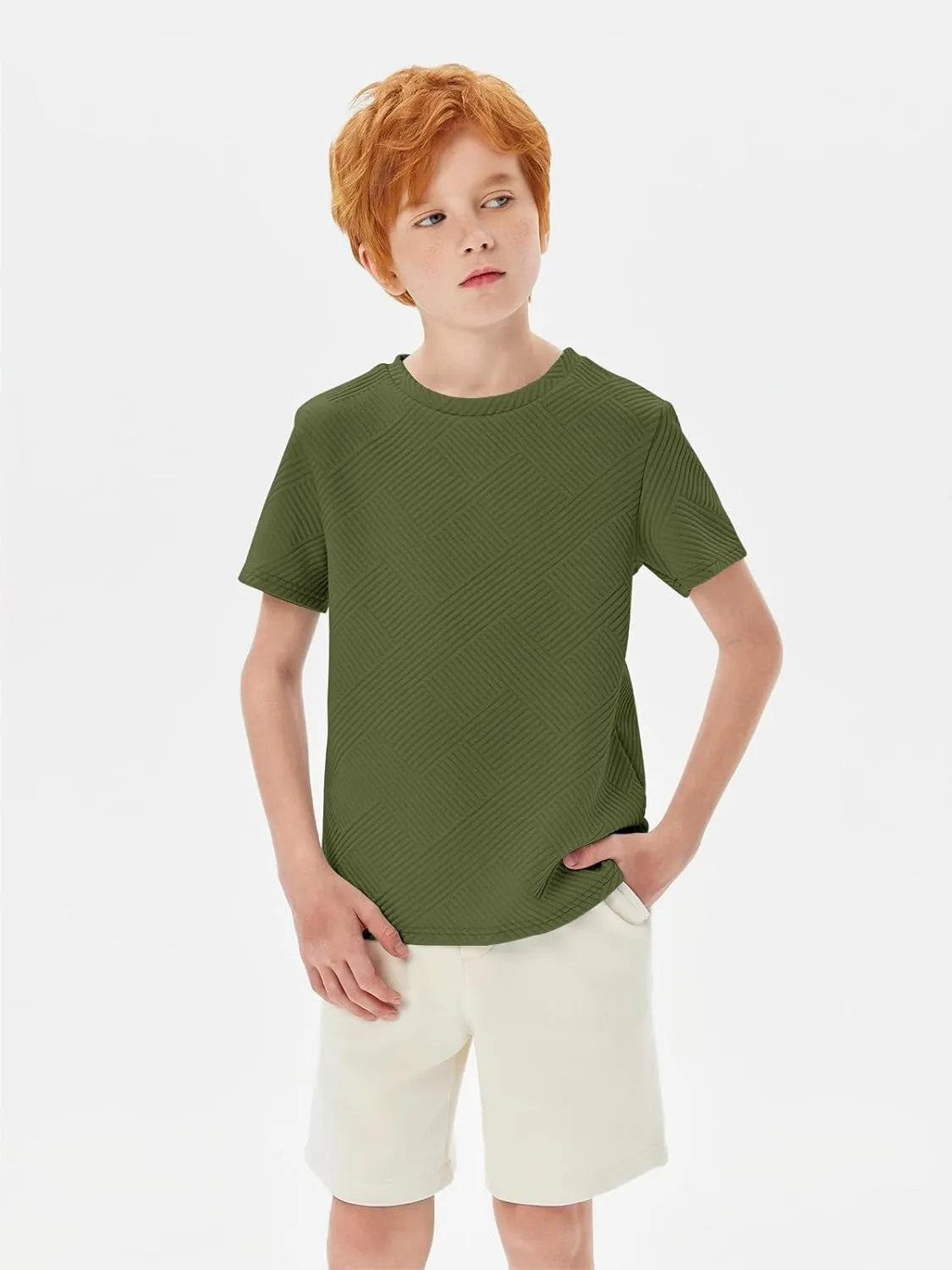 Haloumoning Boys Geometric Texture T-Shirts Kids Fashion Crewneck Short Sleeve Loose Tops Tees 5-14 Years