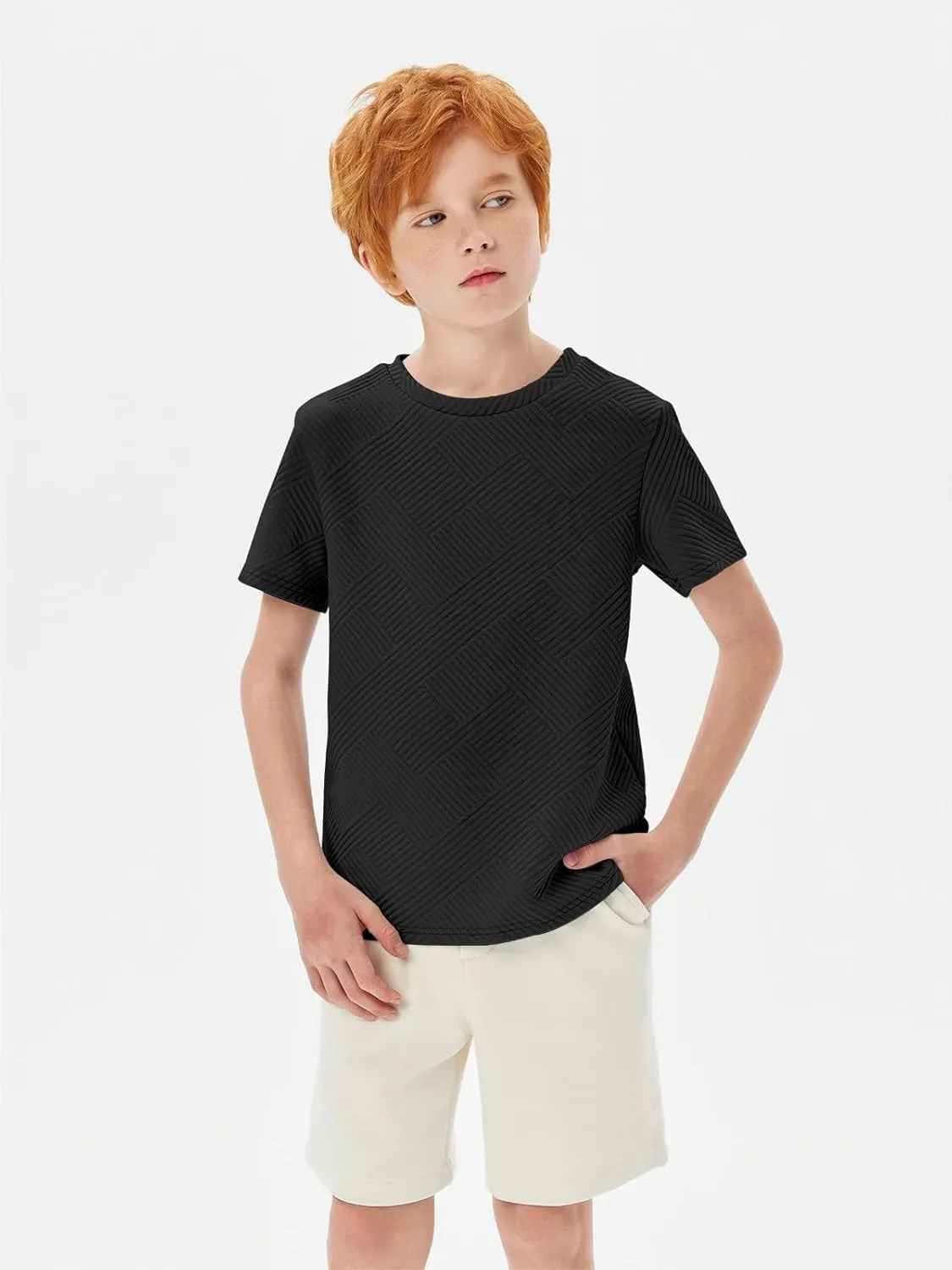 Haloumoning Boys Geometric Texture T-Shirts Kids Fashion Crewneck Short Sleeve Loose Tops Tees 5-14 Years