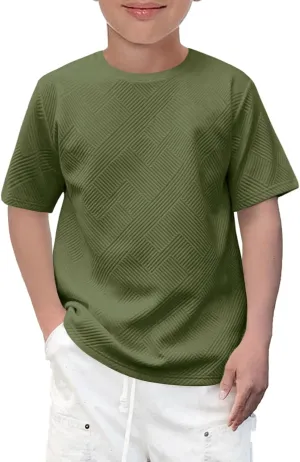 Haloumoning Boys Geometric Texture T-Shirts Kids Fashion Crewneck Short Sleeve Loose Tops Tees 5-14 Years