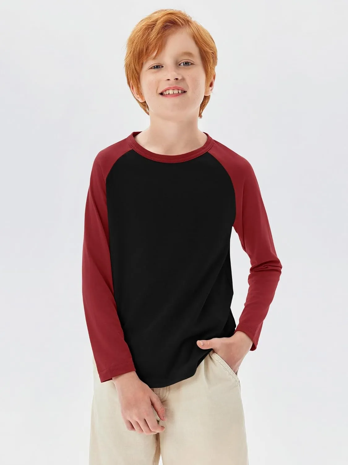 Haloumoning Boys Long Sleeve Raglan T Shirts Kids Color Block Crewneck Casual Tops Tees 4-14 Years