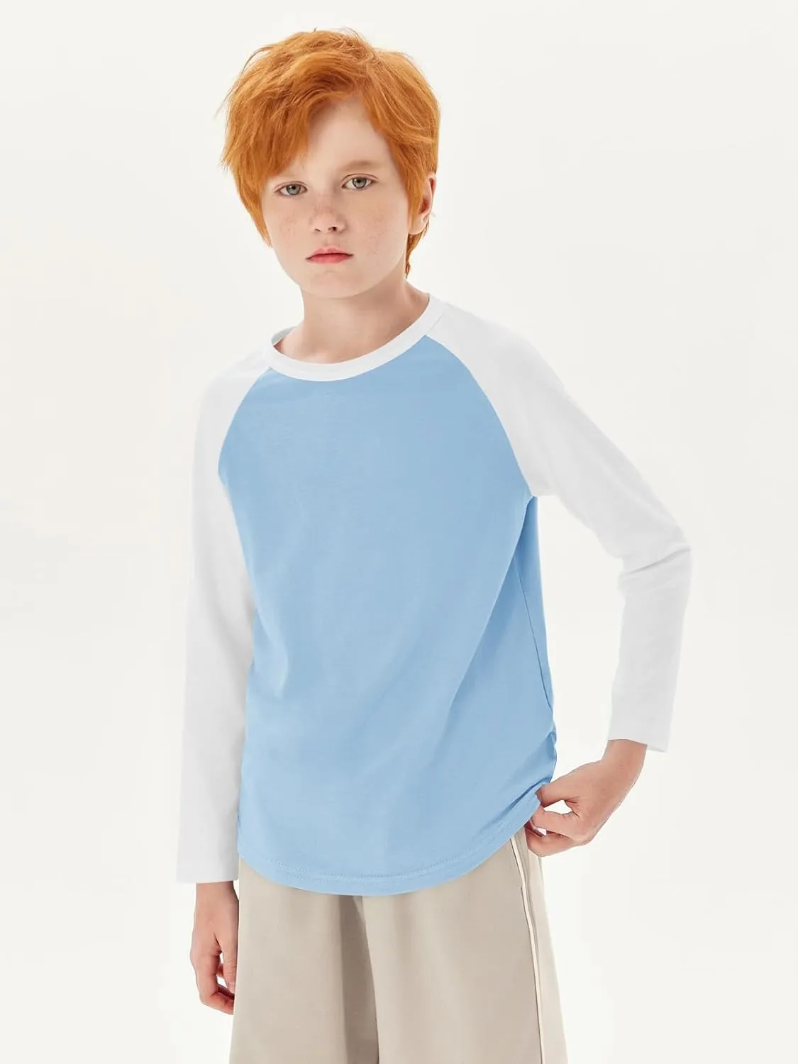 Haloumoning Boys Long Sleeve Raglan T Shirts Kids Color Block Crewneck Casual Tops Tees 4-14 Years