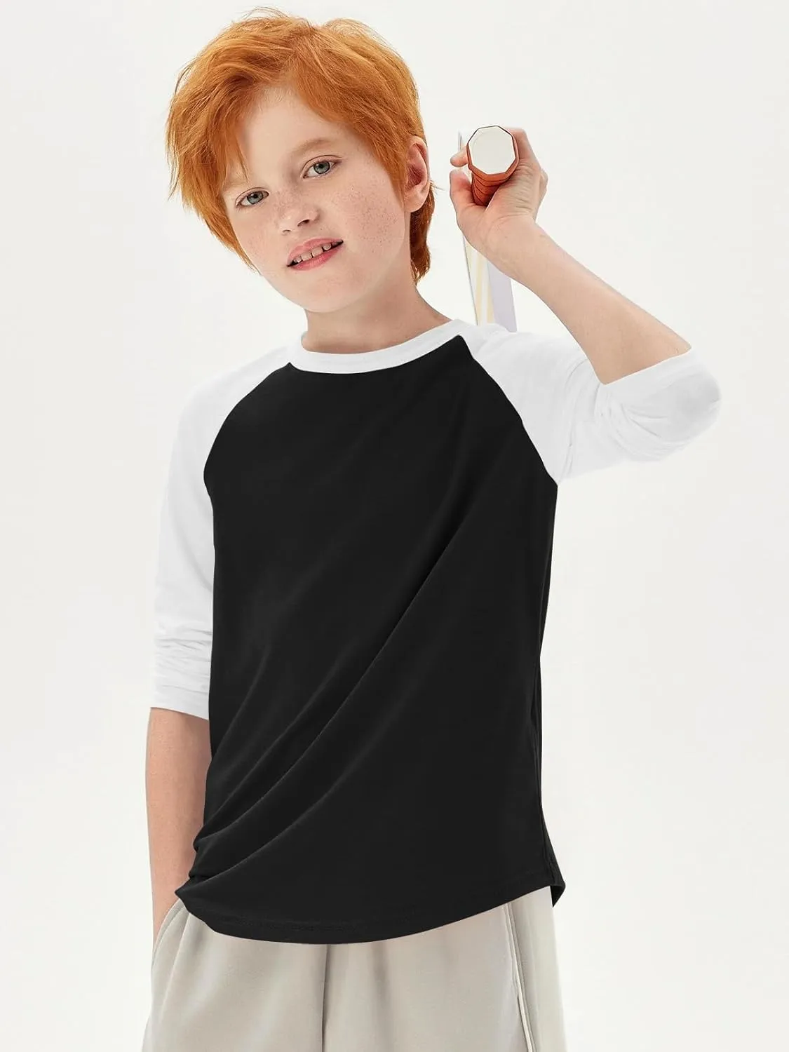 Haloumoning Boys Long Sleeve Raglan T Shirts Kids Color Block Crewneck Casual Tops Tees 4-14 Years