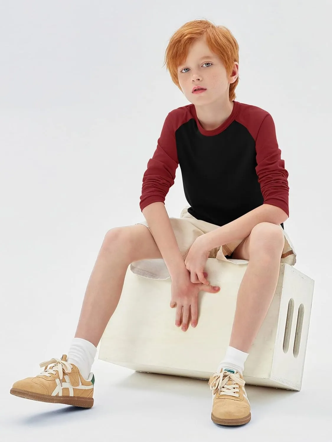 Haloumoning Boys Long Sleeve Raglan T Shirts Kids Color Block Crewneck Casual Tops Tees 4-14 Years