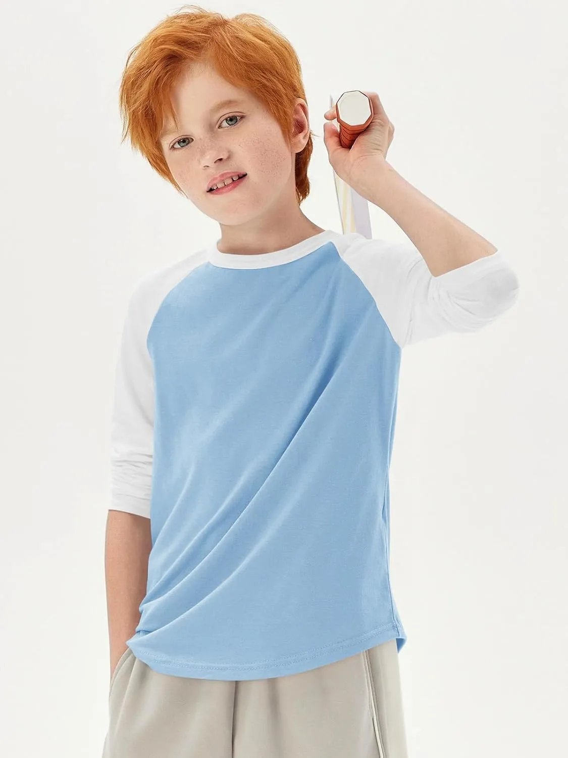 Haloumoning Boys Long Sleeve Raglan T Shirts Kids Color Block Crewneck Casual Tops Tees 4-14 Years