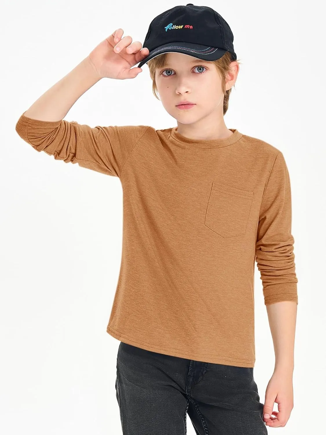 Haloumoning Boys Long Sleeve Shirts Kids Crewneck T Shirts Casual Tops Tees with Chest Pocket 5-14 Years