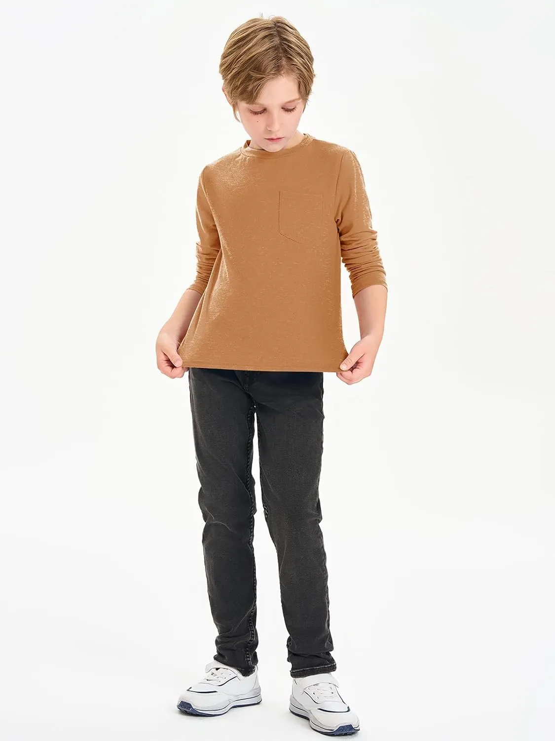 Haloumoning Boys Long Sleeve Shirts Kids Crewneck T Shirts Casual Tops Tees with Chest Pocket 5-14 Years