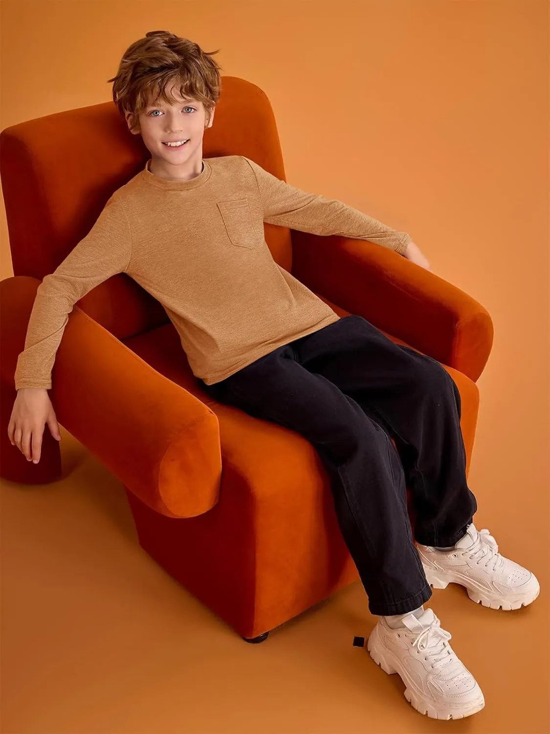 Haloumoning Boys Long Sleeve Shirts Kids Crewneck T Shirts Casual Tops Tees with Chest Pocket 5-14 Years