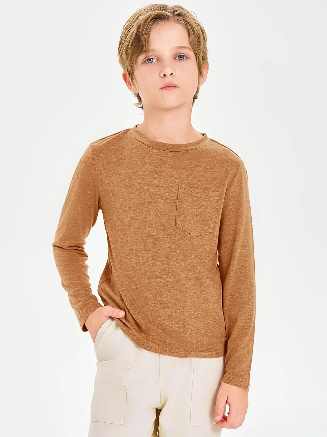 Haloumoning Boys Long Sleeve Shirts Kids Crewneck T Shirts Casual Tops Tees with Chest Pocket 5-14 Years