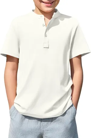 Haloumoning Boys Short Sleeve Henley Shirt Kids Casual Button Front Summer T-Shirts Tops Tees 5-14 Years