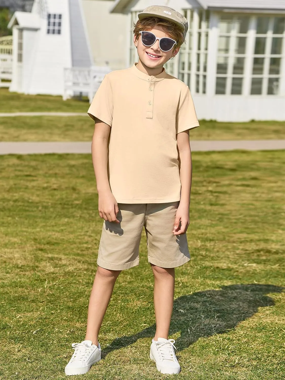 Haloumoning Boys Short Sleeve Henley Shirt Kids Casual Button Front Summer T-Shirts Tops Tees 5-14 Years