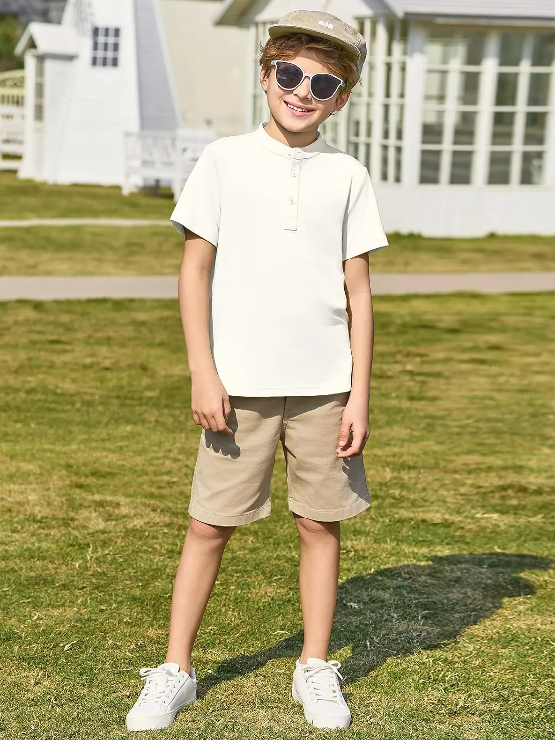 Haloumoning Boys Short Sleeve Henley Shirt Kids Casual Button Front Summer T-Shirts Tops Tees 5-14 Years