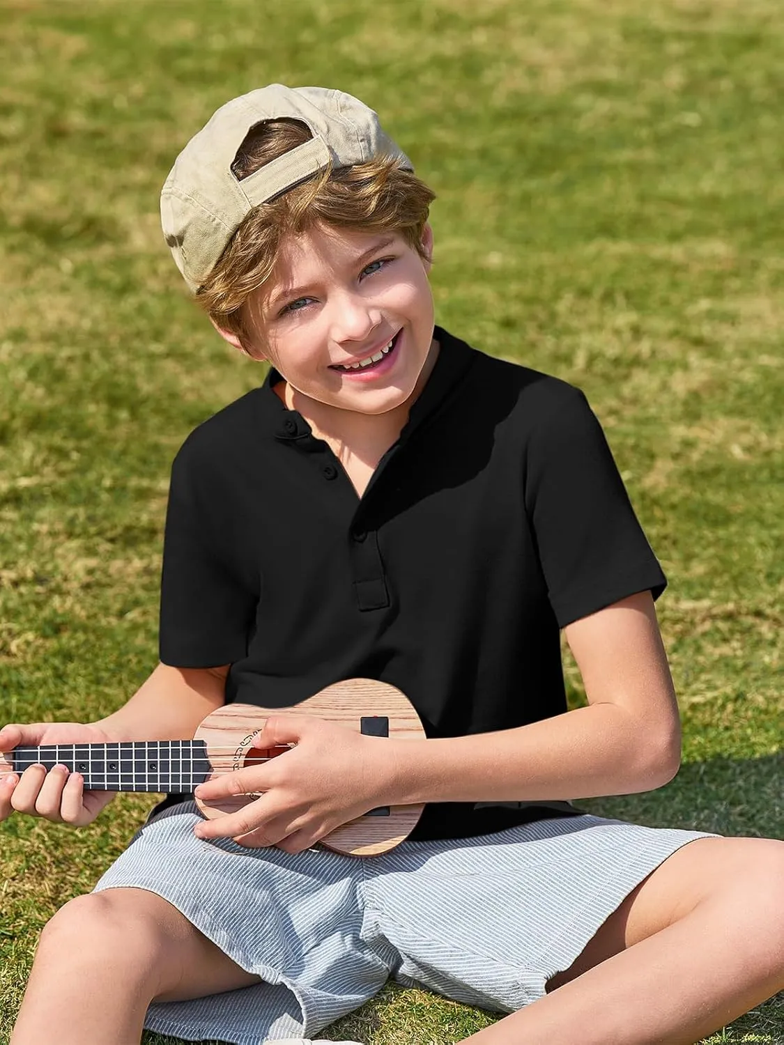 Haloumoning Boys Short Sleeve Henley Shirt Kids Casual Button Front Summer T-Shirts Tops Tees 5-14 Years