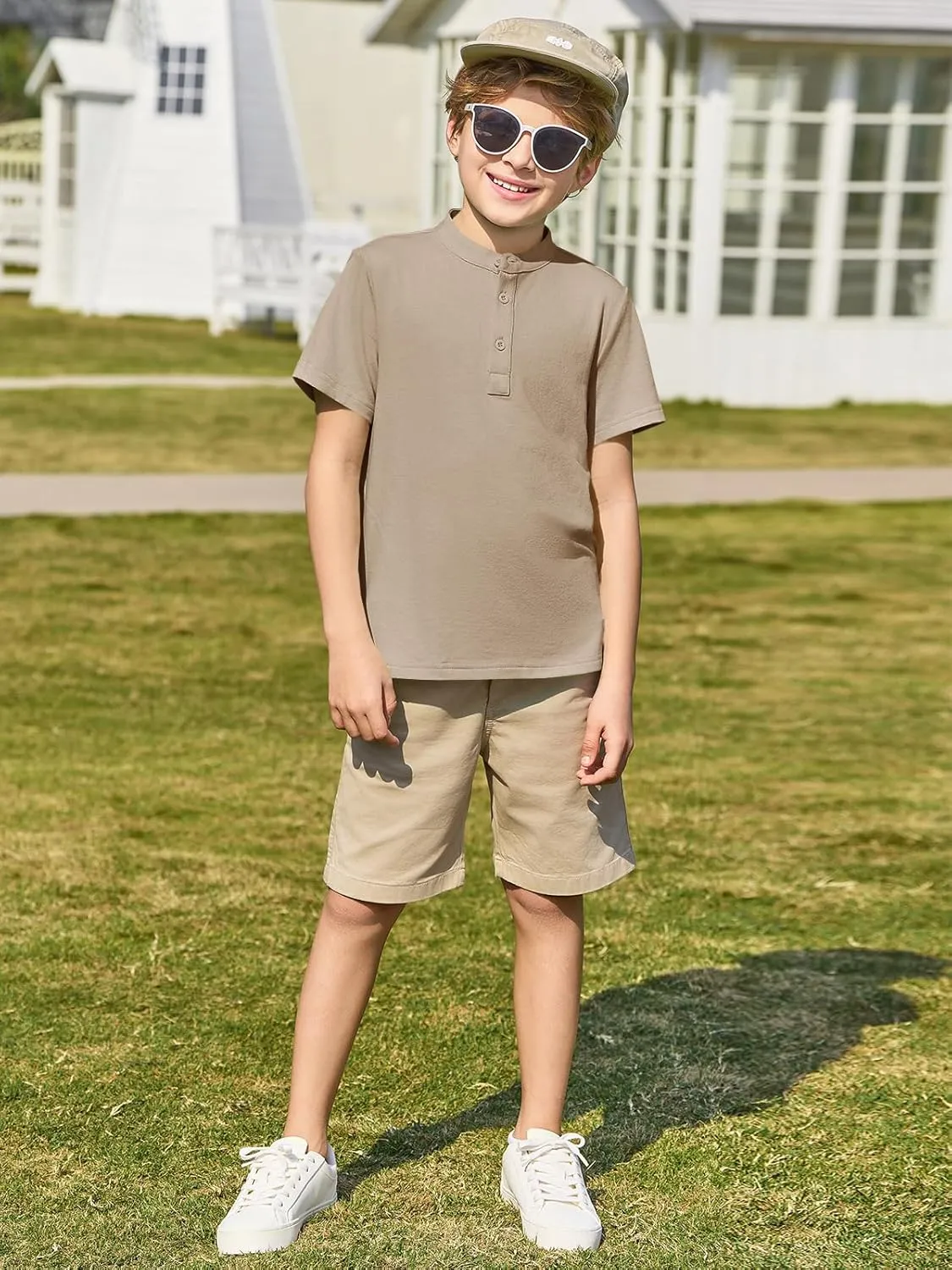 Haloumoning Boys Short Sleeve Henley Shirt Kids Casual Button Front Summer T-Shirts Tops Tees 5-14 Years