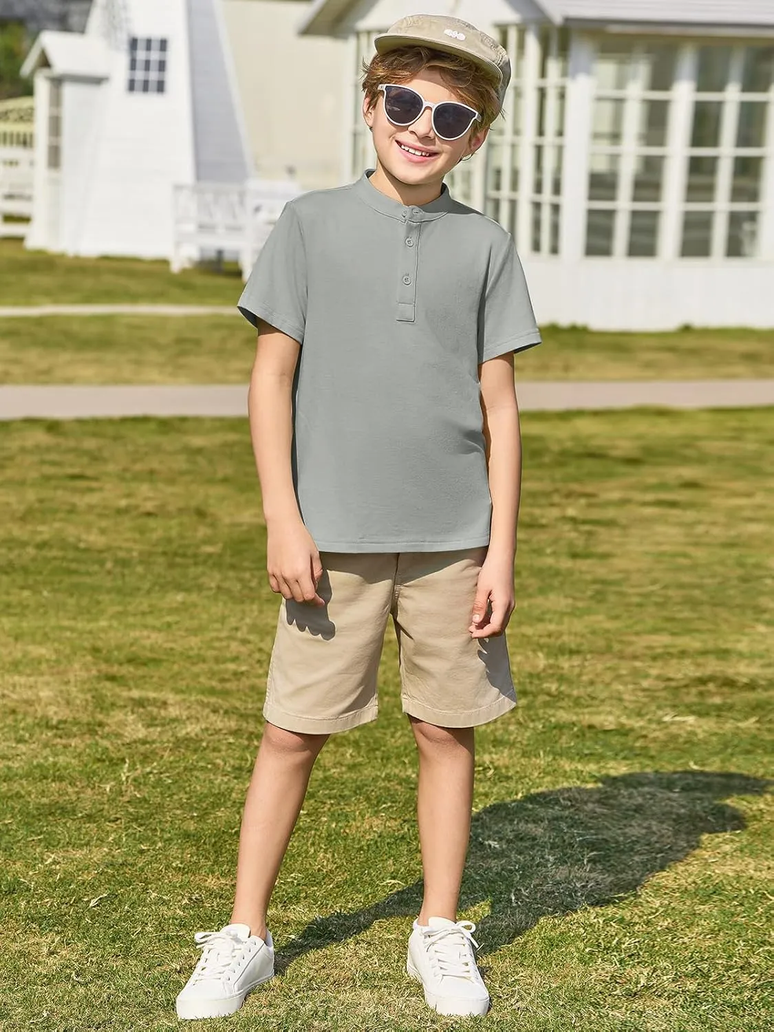 Haloumoning Boys Short Sleeve Henley Shirt Kids Casual Button Front Summer T-Shirts Tops Tees 5-14 Years