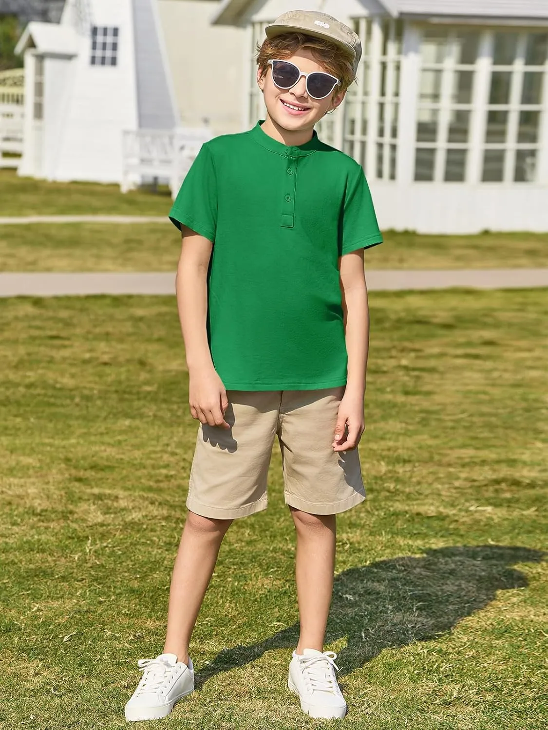 Haloumoning Boys Short Sleeve Henley Shirt Kids Casual Button Front Summer T-Shirts Tops Tees 5-14 Years