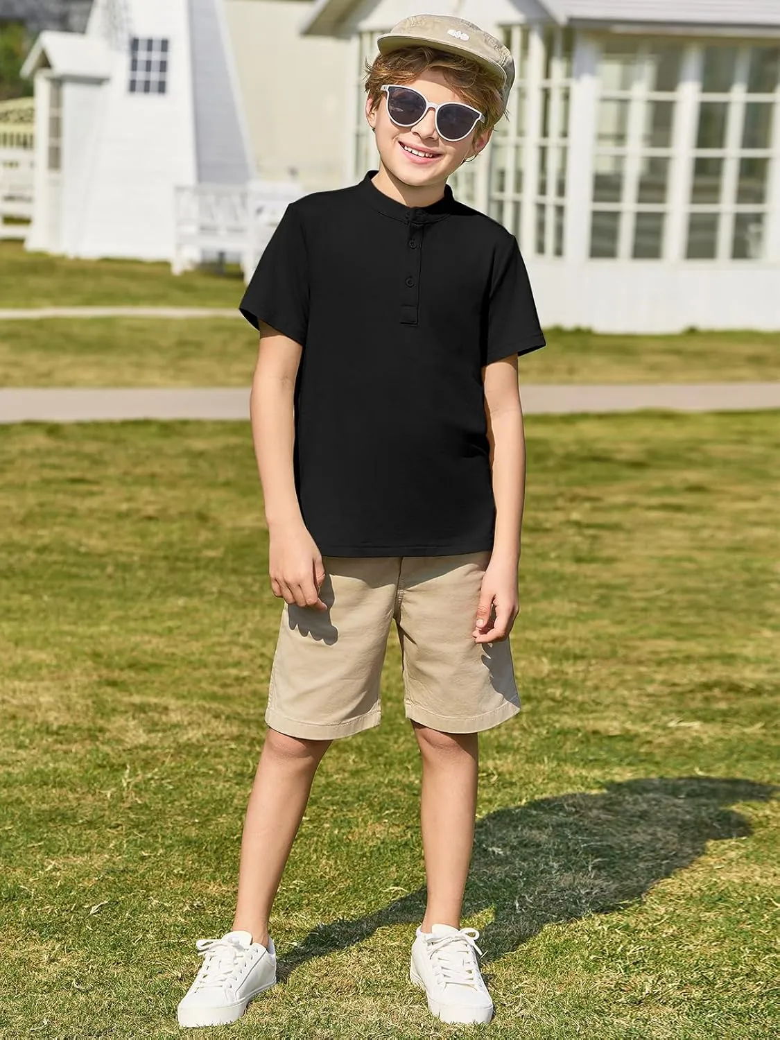 Haloumoning Boys Short Sleeve Henley Shirt Kids Casual Button Front Summer T-Shirts Tops Tees 5-14 Years