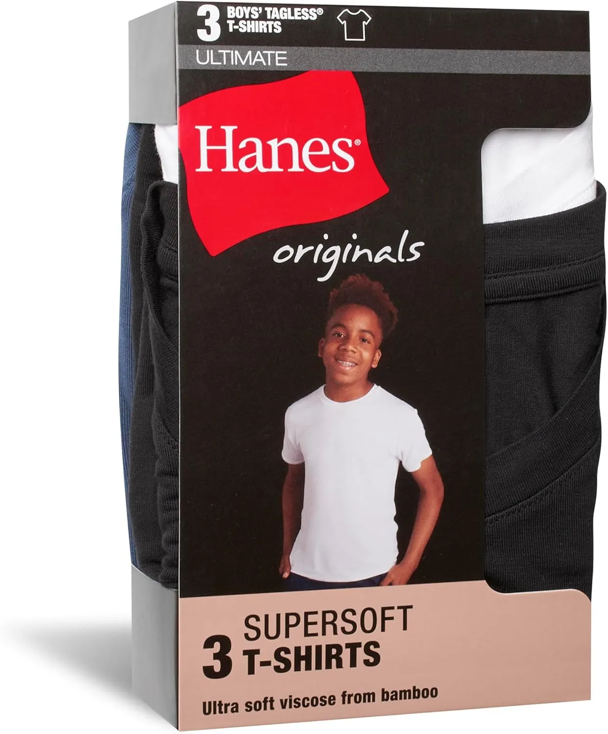 Hanes Boys' Originals T-Shirt Pack, Supersoft Undershirts For Boys', Moisture-Wicking, 3-Pack