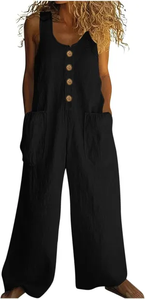 HGps8w Women's 2025 Summer Casual Cotton Linen One Piece Jumpsuits Button Down Loose Wide Leg Pants Rompers Beach Outfits