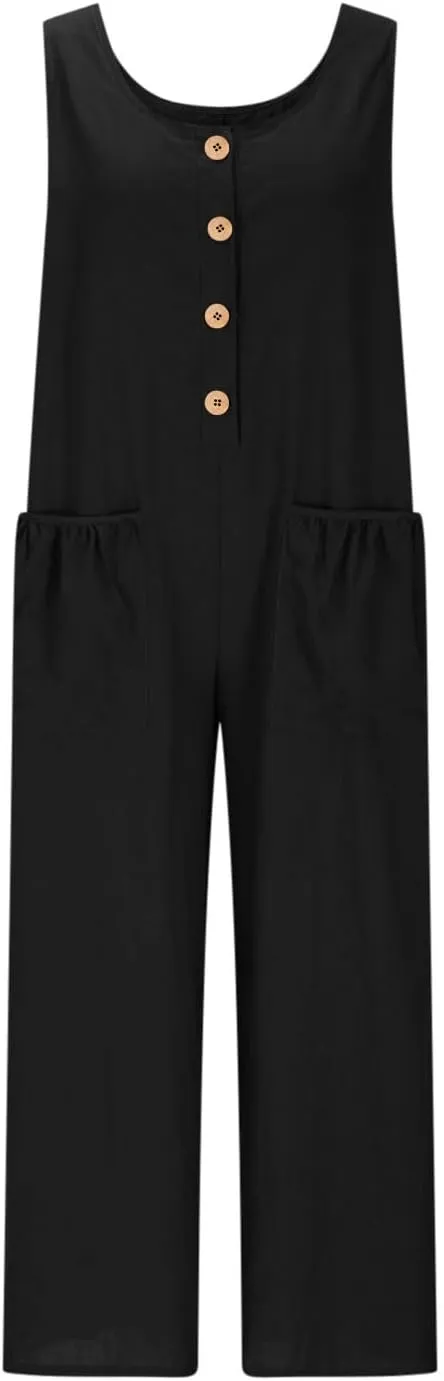 HGps8w Women's 2025 Summer Casual Cotton Linen One Piece Jumpsuits Button Down Loose Wide Leg Pants Rompers Beach Outfits